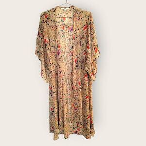 XXI LA Womens Coverup Sz Small Sheer Floral‎ Beige Kimono Midi Beach Coastalcore